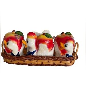 Vintage Duck Salt and Pepper Shakers w/Napkin Holder Apple Set w/Wicker Basket
